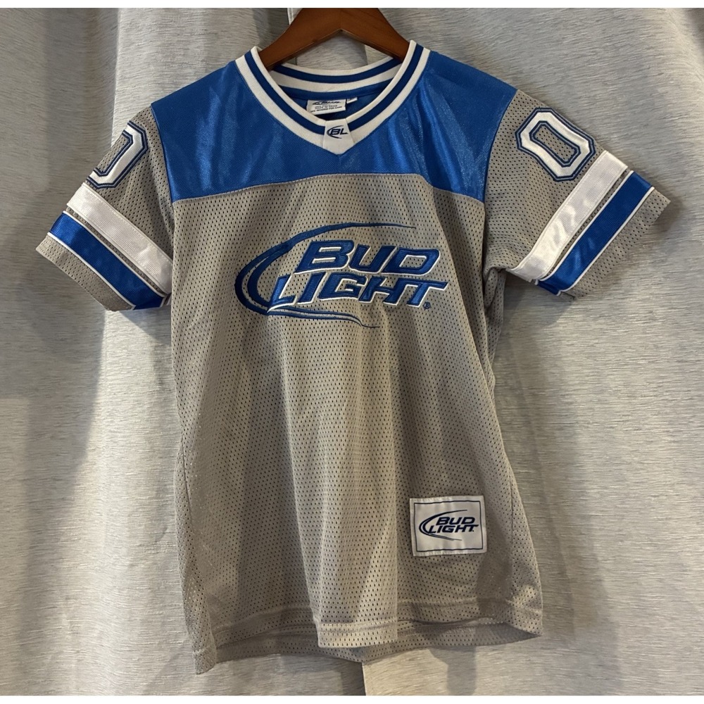 Bud Light Women's Gray Blue V-Neck Short Sleeve 00 Football Jersey Size Medium